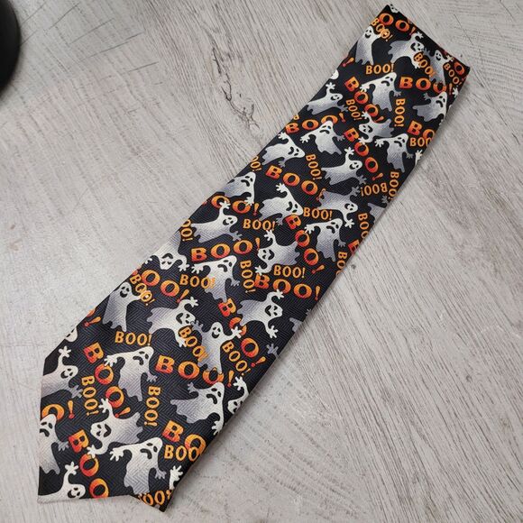 Halloween Ghost Boo Tie Necktie Mens Black Preowned EUC - Picture 1 of 3